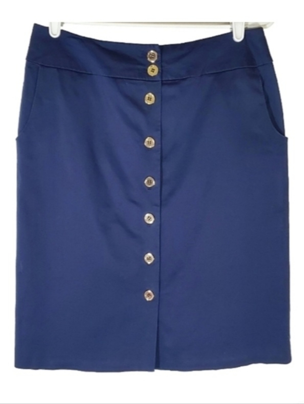 2211 * Talbots Petites Stretch Button Front Pencil Skirt Navy Blue Size 10